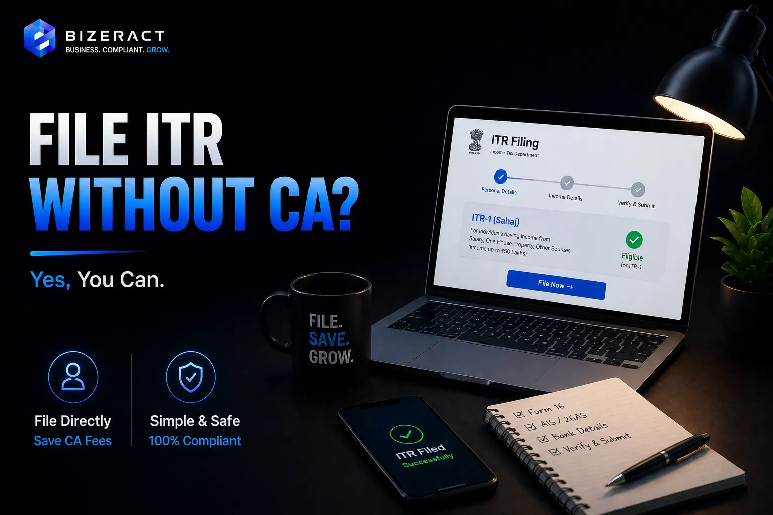 File ITR without CA visual showing online income tax return filing and verification