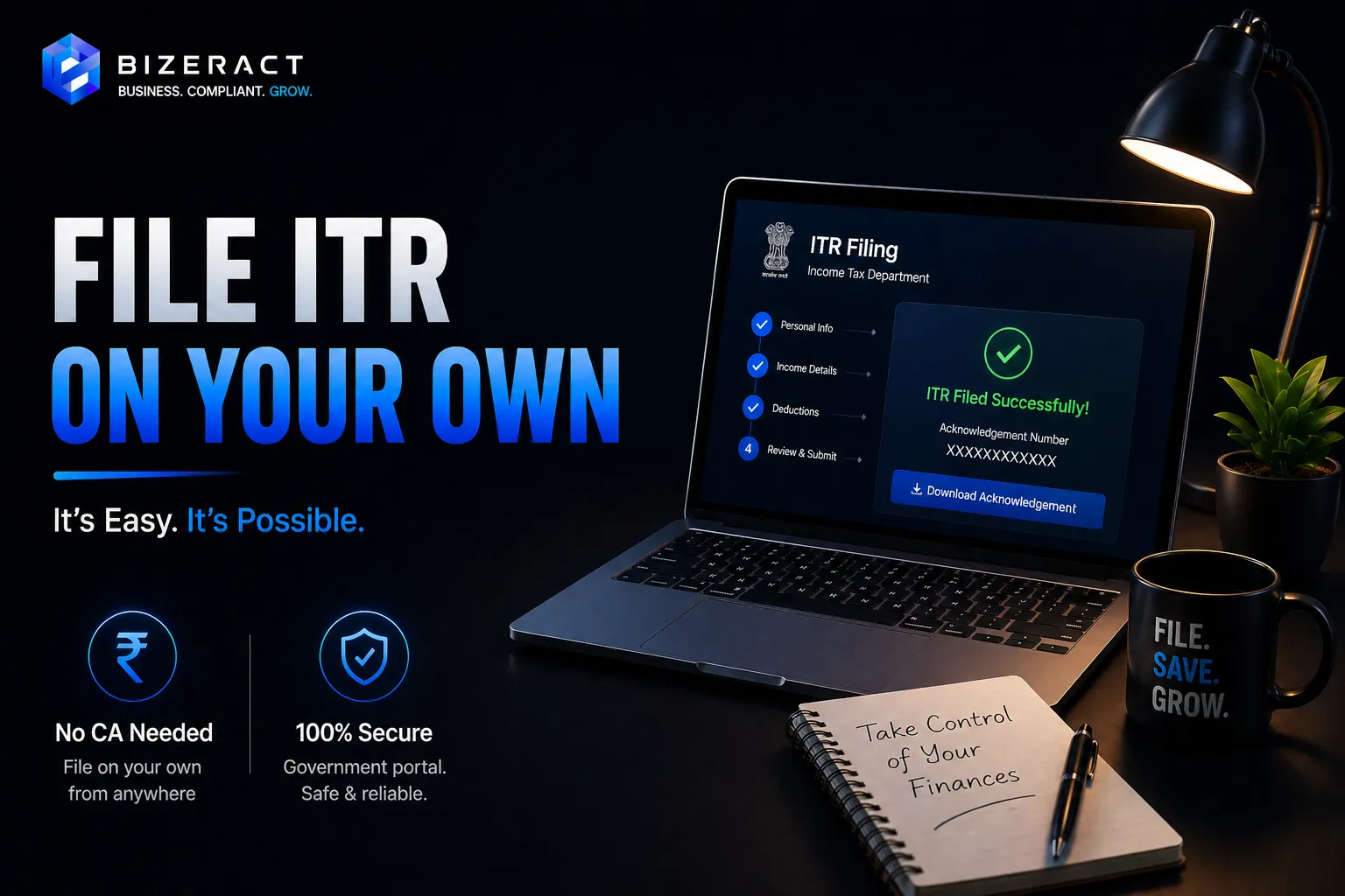 File ITR online yourself visual showing successful income tax return filing from home