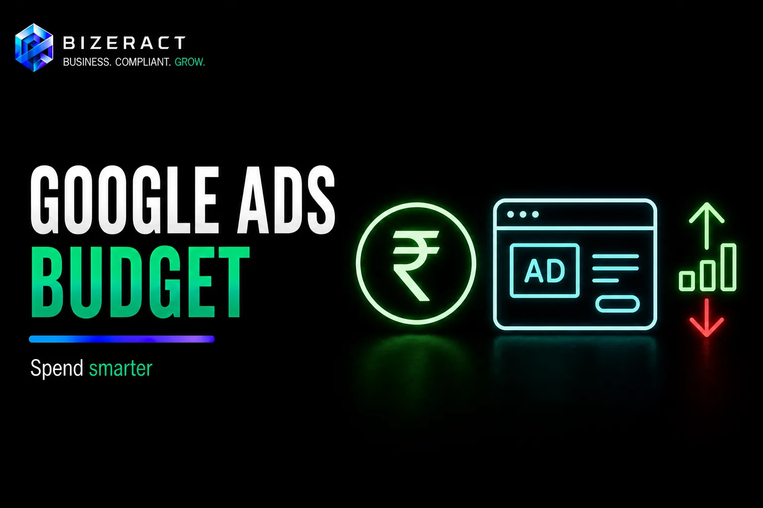 Google Ads budget visual showing rupee symbol ad panel and campaign growth indicators