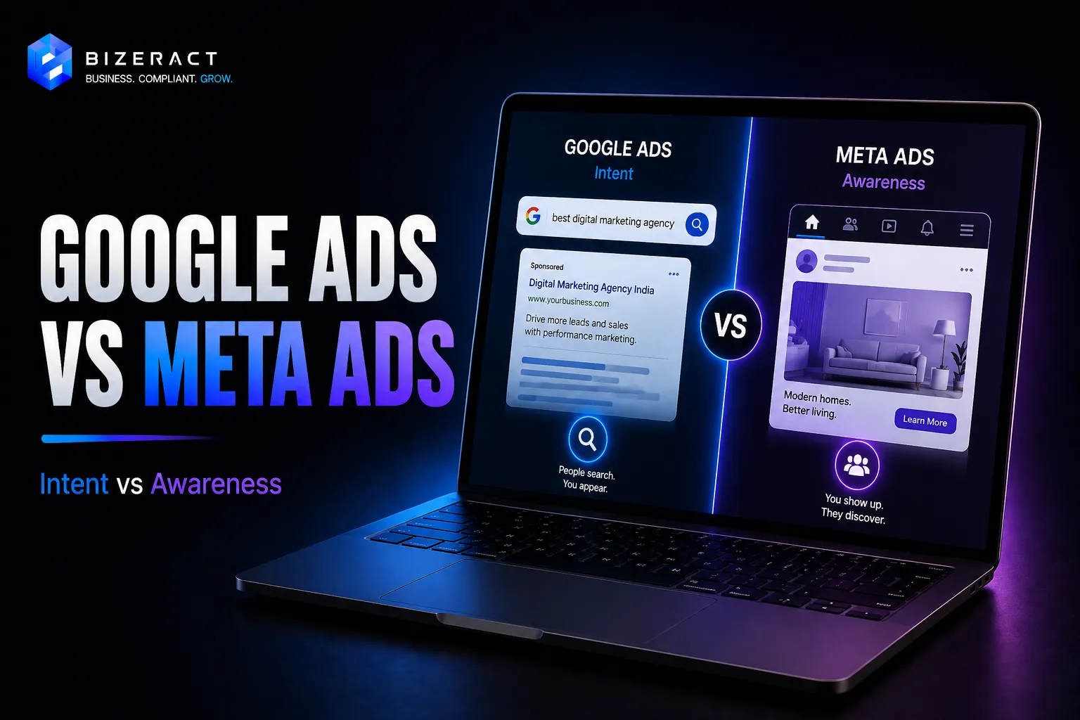 Google Ads vs Meta Ads visual comparing search intent and social media awareness campaigns