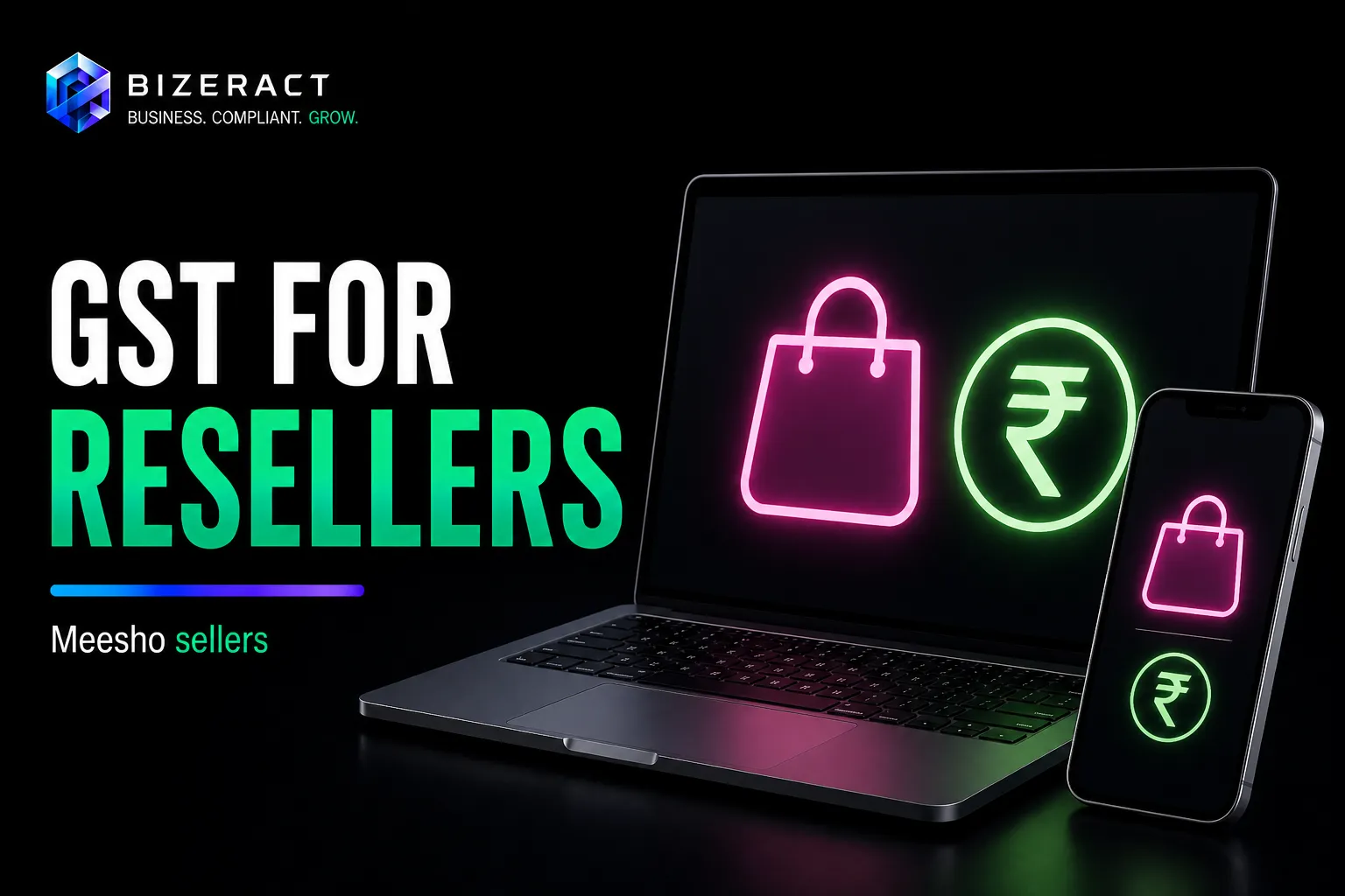 GST for resellers visual for Meesho sellers with shopping bag rupee symbol and mobile commerce