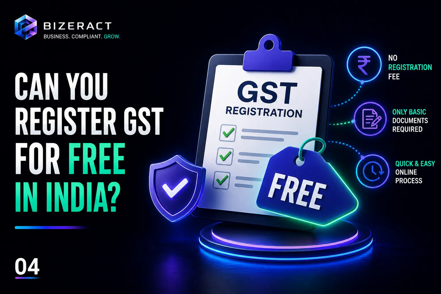 Free GST registration in India visual showing registration checklist no government fee and online process