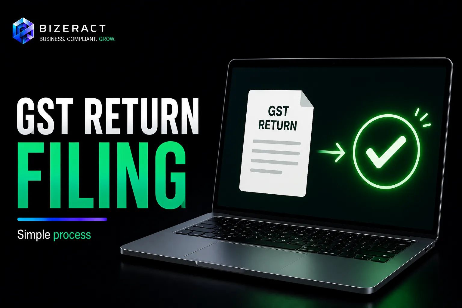 GST return filing guide visual showing GST return document and successful filing check mark