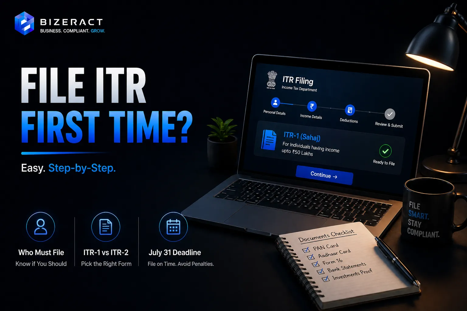 First time ITR filing in India visual with documents checklist and income tax portal steps