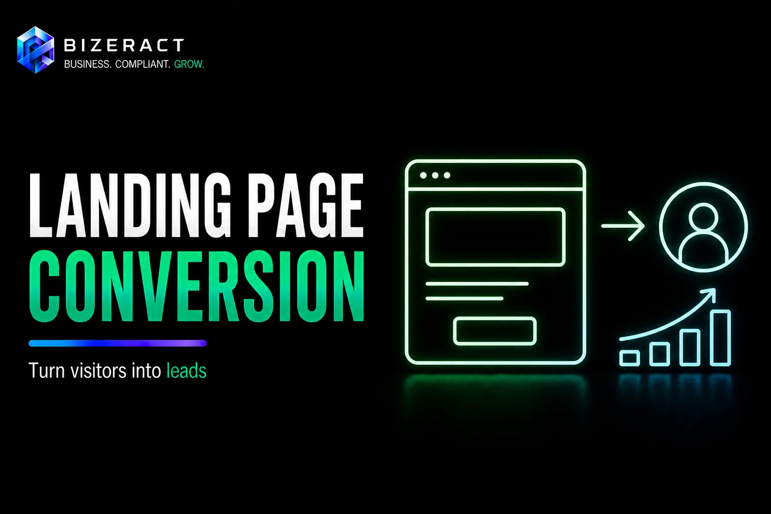 Landing page conversion visual showing webpage layout visitor lead and rising conversion chart
