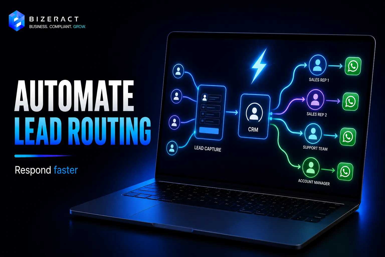 Lead routing automation visual from lead capture to CRM sales reps WhatsApp and account manager