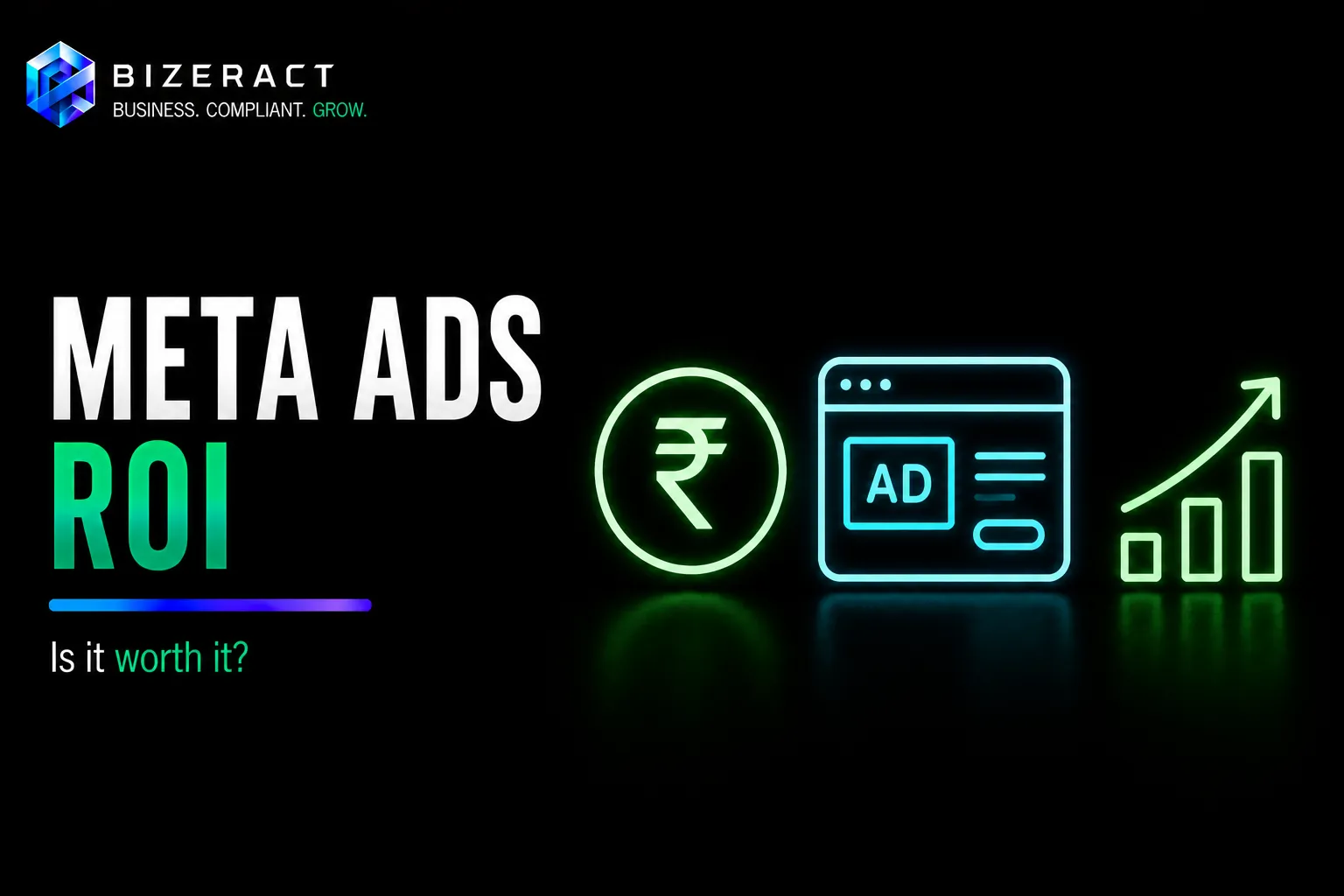 Meta Ads ROI visual showing advertising cost rupee symbol and growth chart for campaign returns