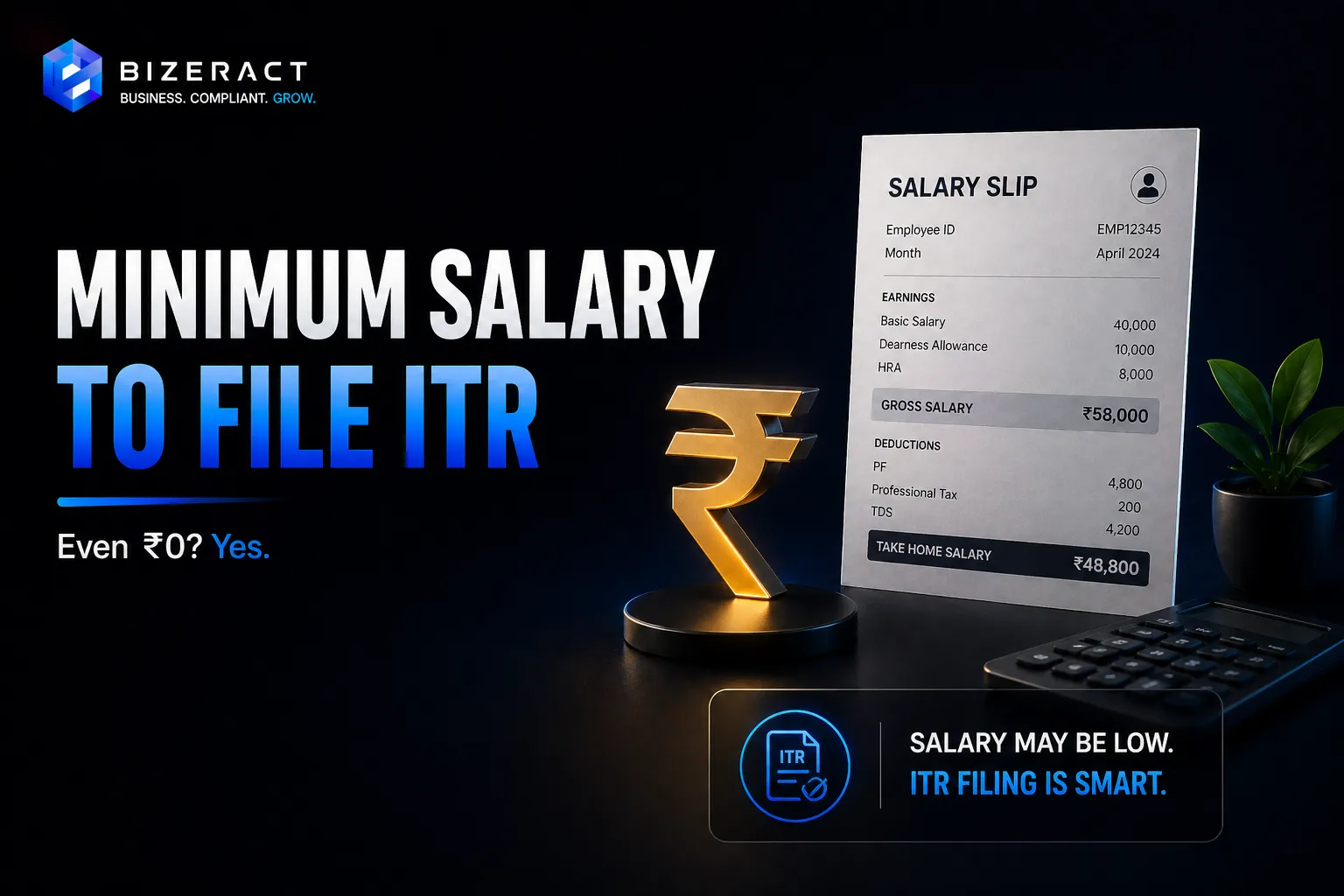 Minimum salary to file ITR in India visual with salary slip rupee symbol and filing threshold