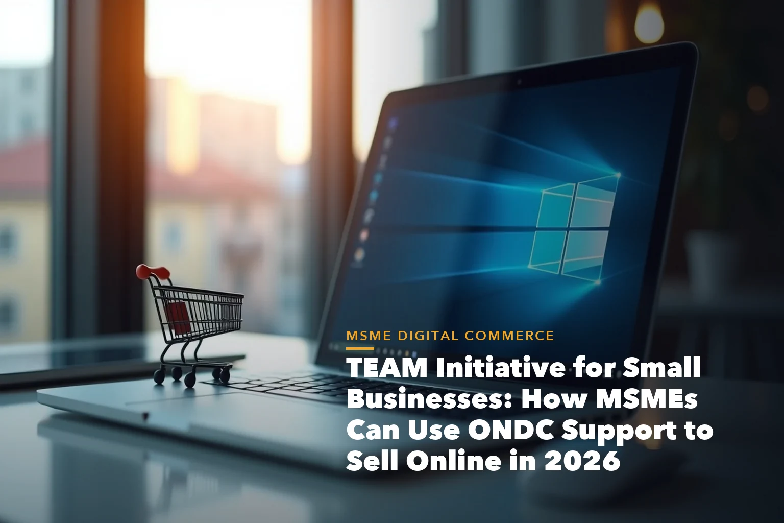 ONDC seller GST registration illustration with storefront and tax records for TEAM Initiative for Small Businesses How