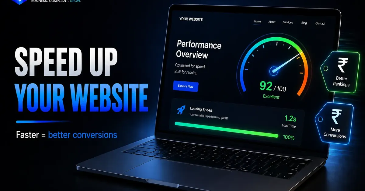 Website speed optimization visual with performance dashboard Core Web Vitals and faster load times