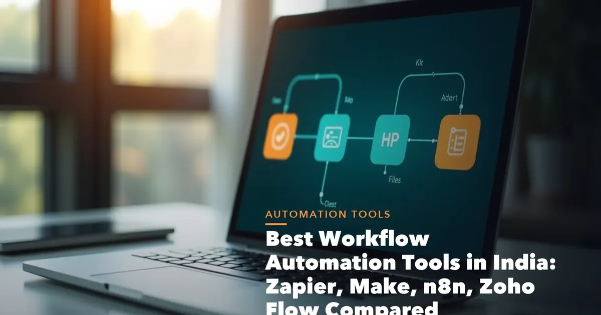 Workflow automation tools comparison visual for Zapier Make n8n Zoho Flow and WhatsApp automation